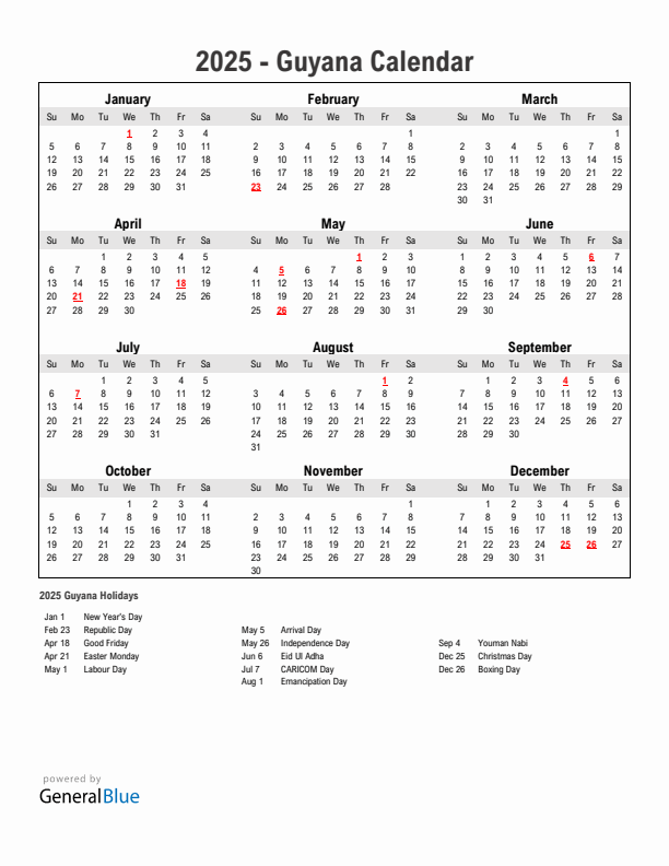 Year 2025 Simple Calendar With Holidays in Guyana