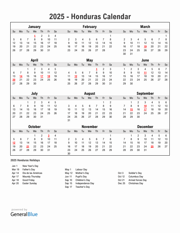 Year 2025 Simple Calendar With Holidays in Honduras