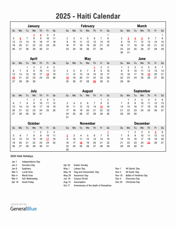 Year 2025 Simple Calendar With Holidays in Haiti