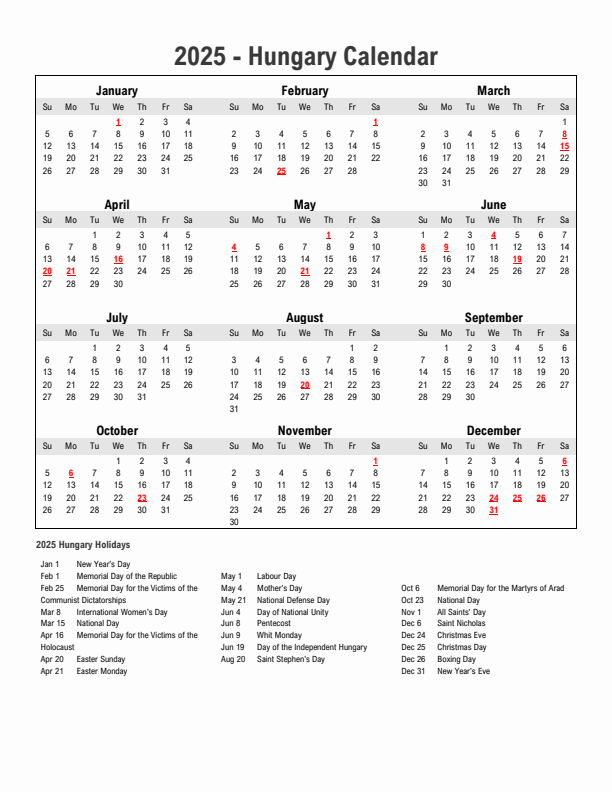 Year 2025 Simple Calendar With Holidays in Hungary