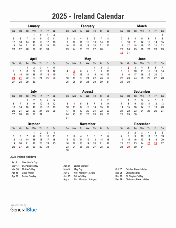 Year 2025 Simple Calendar With Holidays in Ireland
