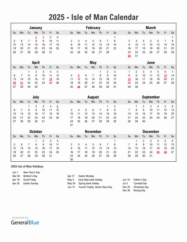 Year 2025 Simple Calendar With Holidays in Isle of Man