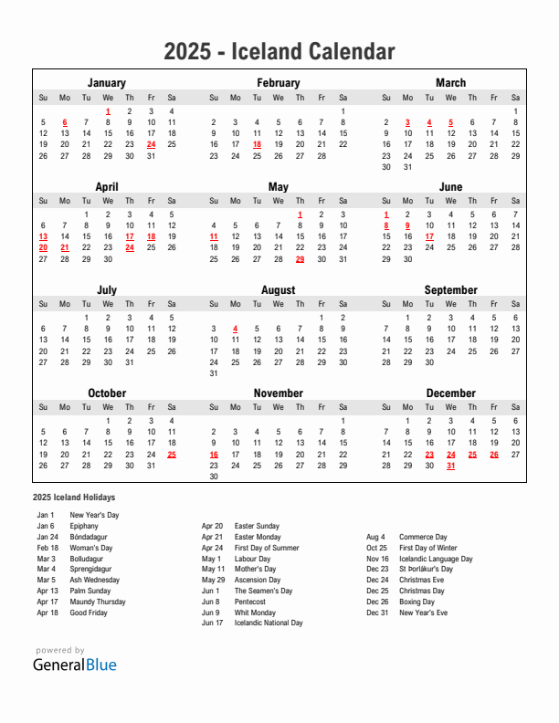 Year 2025 Simple Calendar With Holidays in Iceland