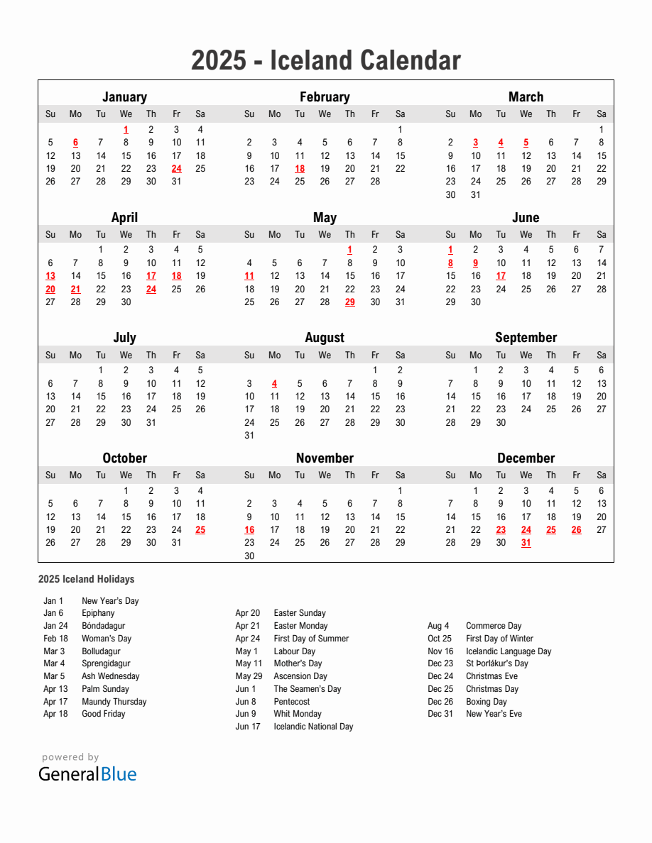 Year 2025 Simple Calendar With Holidays in Iceland