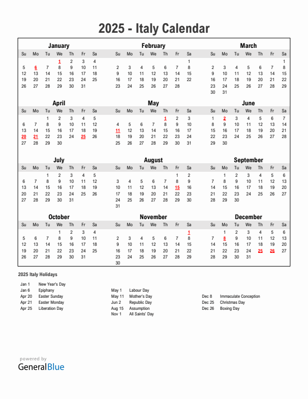 Year 2025 Simple Calendar With Holidays in Italy