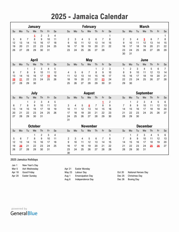 Year 2025 Simple Calendar With Holidays in Jamaica