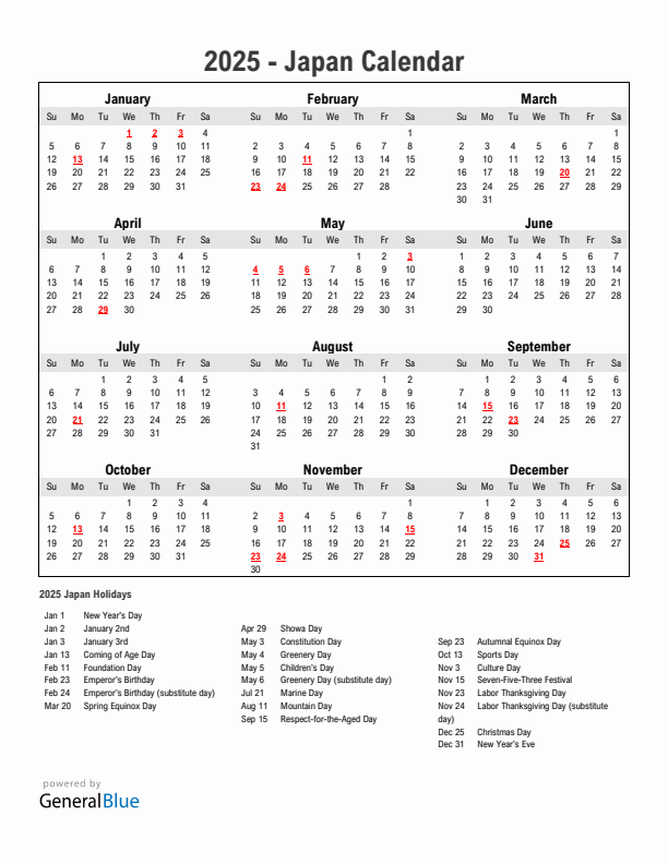 Year 2025 Simple Calendar With Holidays in Japan