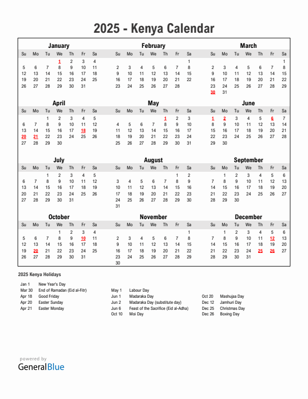 Year 2025 Simple Calendar With Holidays in Kenya
