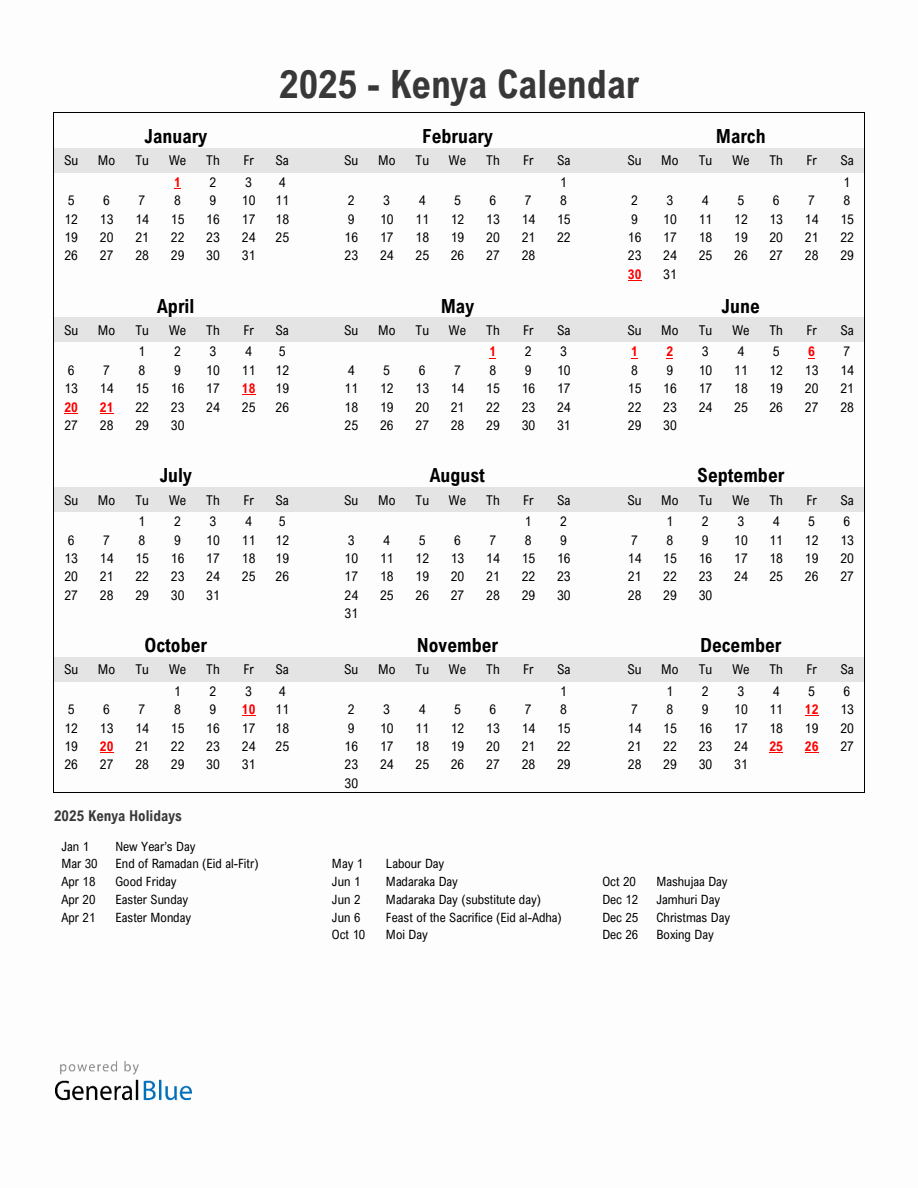 Year 2025 Simple Calendar With Holidays in Kenya