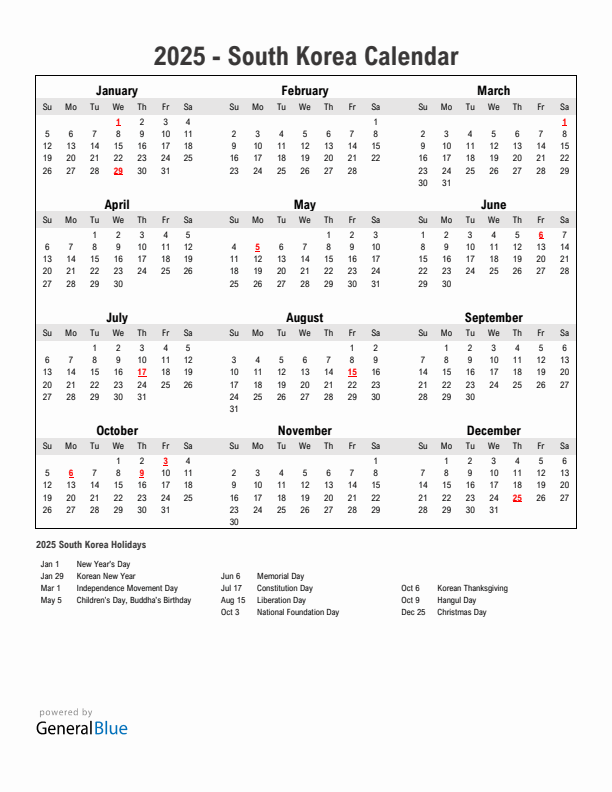 Year 2025 Simple Calendar With Holidays in South Korea