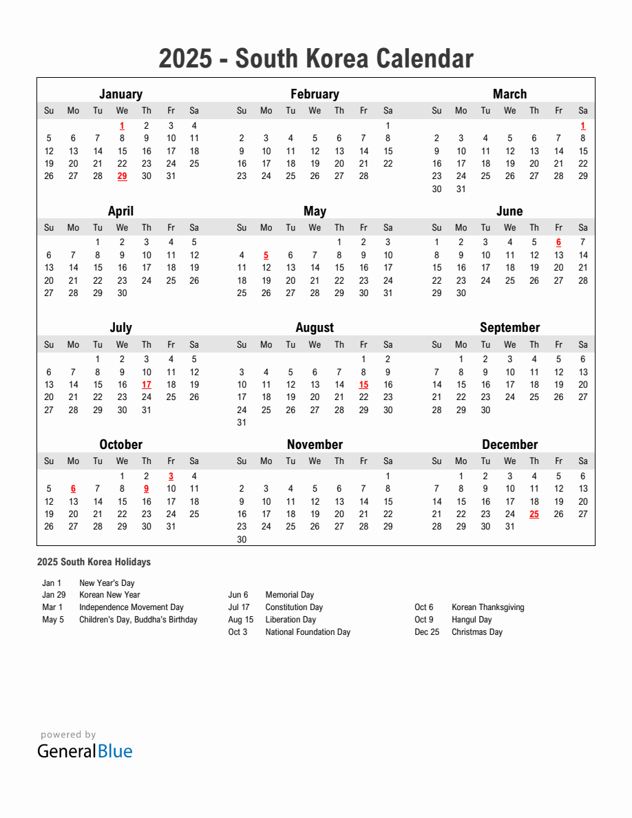 2025 Calendar With Holidays Korea 