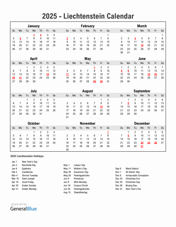 Year 2025 Simple Calendar With Holidays in Liechtenstein
