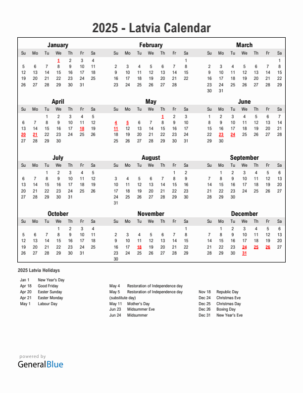 Year 2025 Simple Calendar With Holidays in Latvia