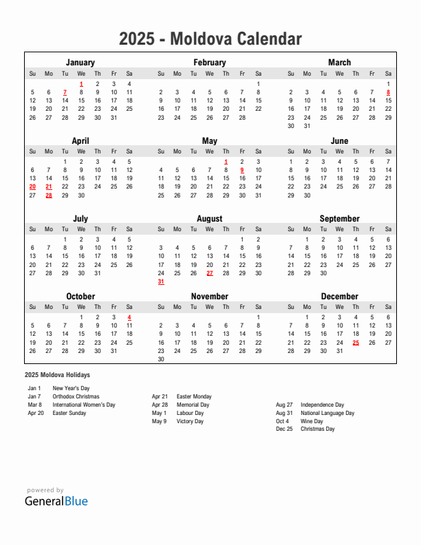 Year 2025 Simple Calendar With Holidays in Moldova