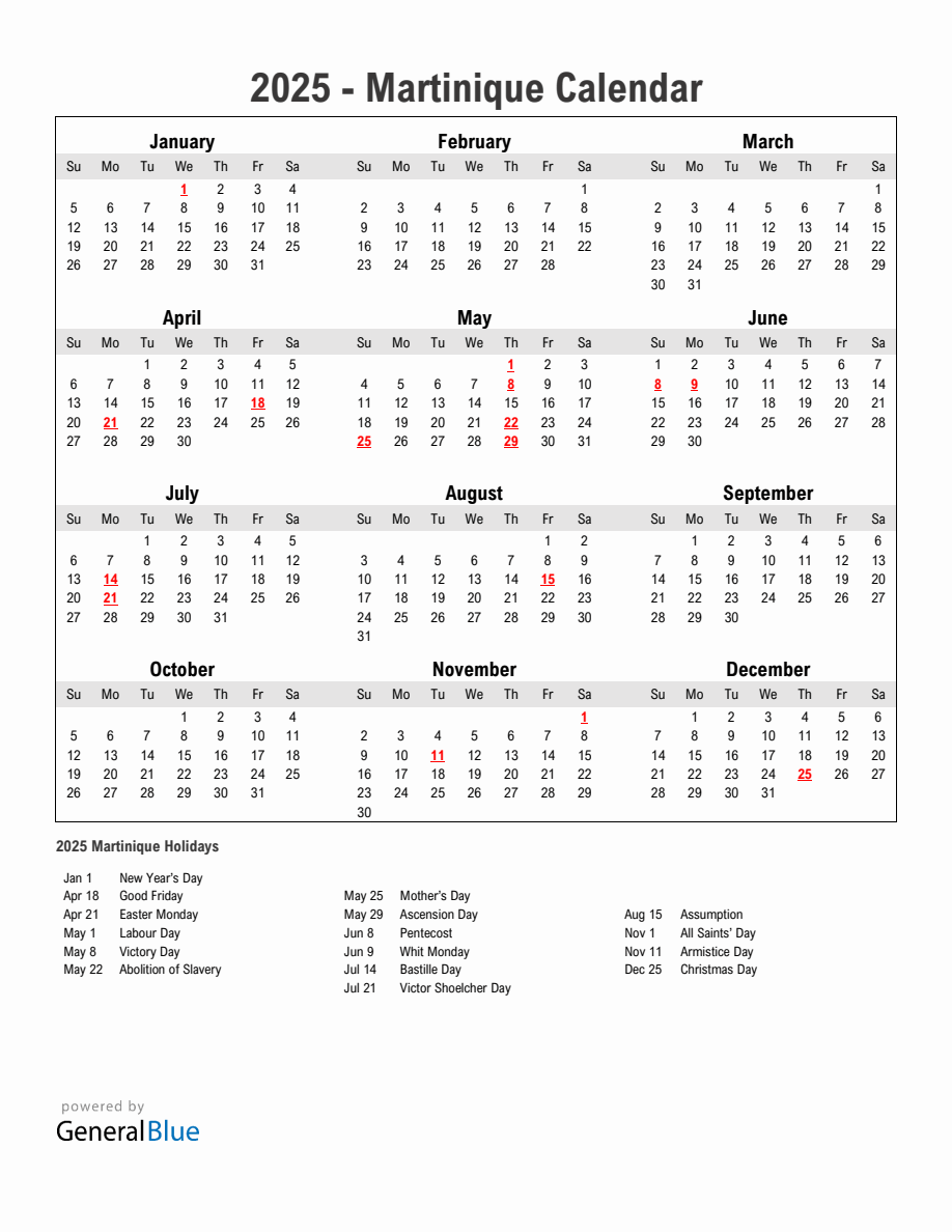 Year 2025 Simple Calendar With Holidays in Martinique