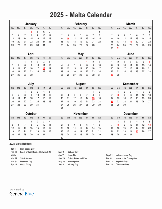 Year 2025 Simple Calendar With Holidays in Malta