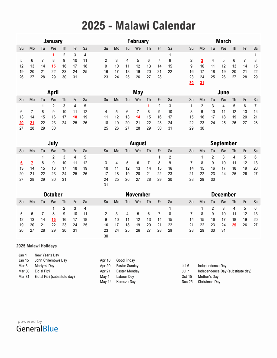 Year 2025 Simple Calendar With Holidays in Malawi