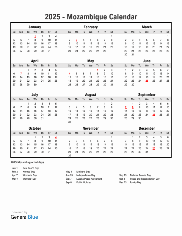 Year 2025 Simple Calendar With Holidays in Mozambique