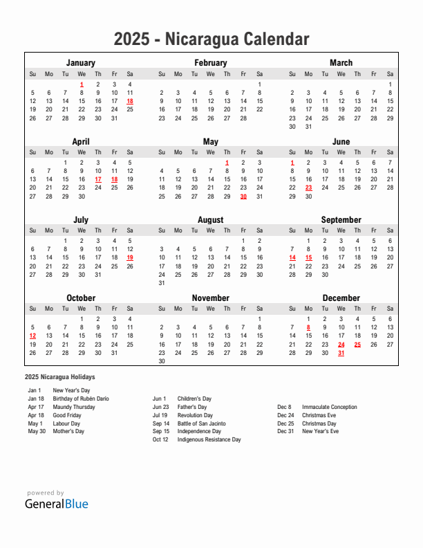 Year 2025 Simple Calendar With Holidays in Nicaragua