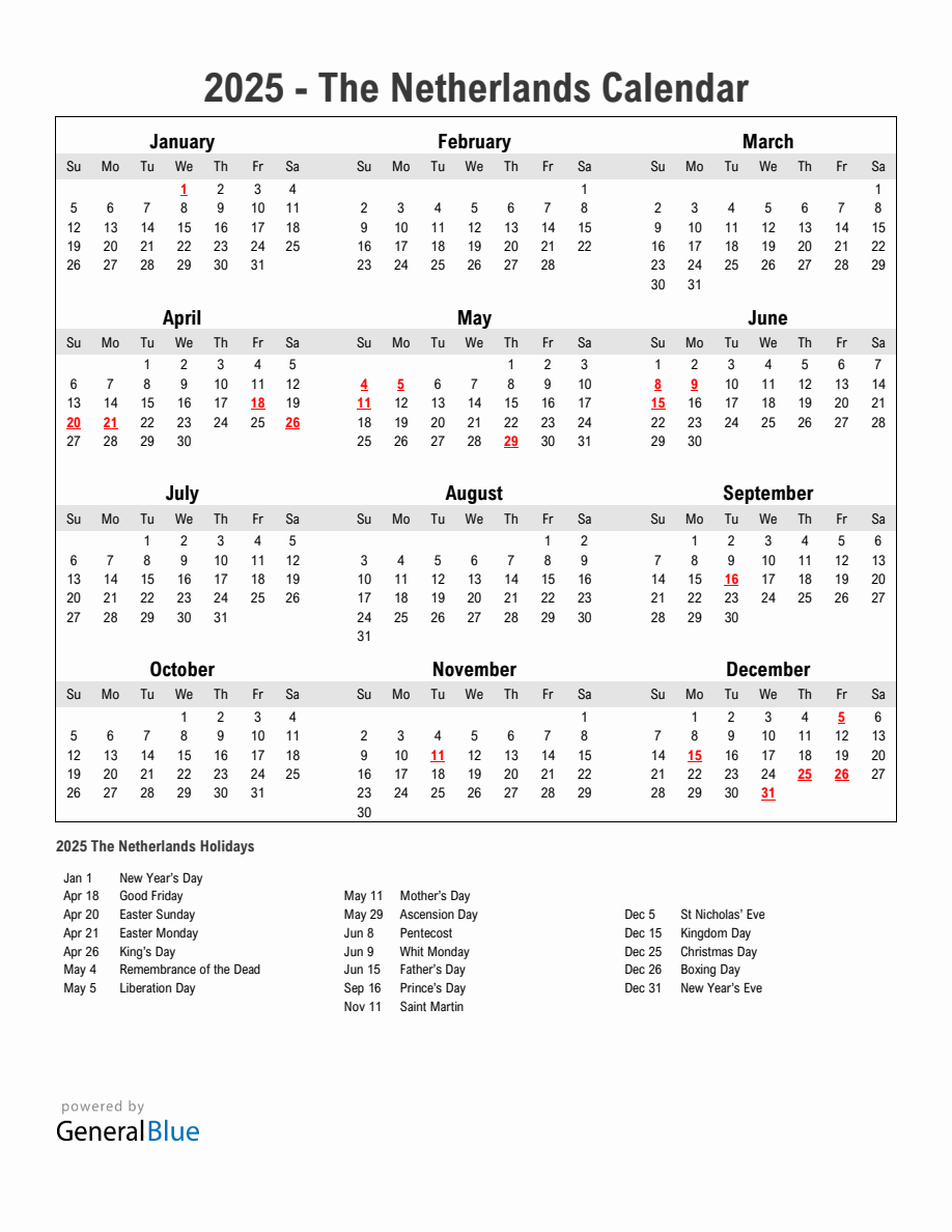 Calendar 2025 With Holidays Netherlands 