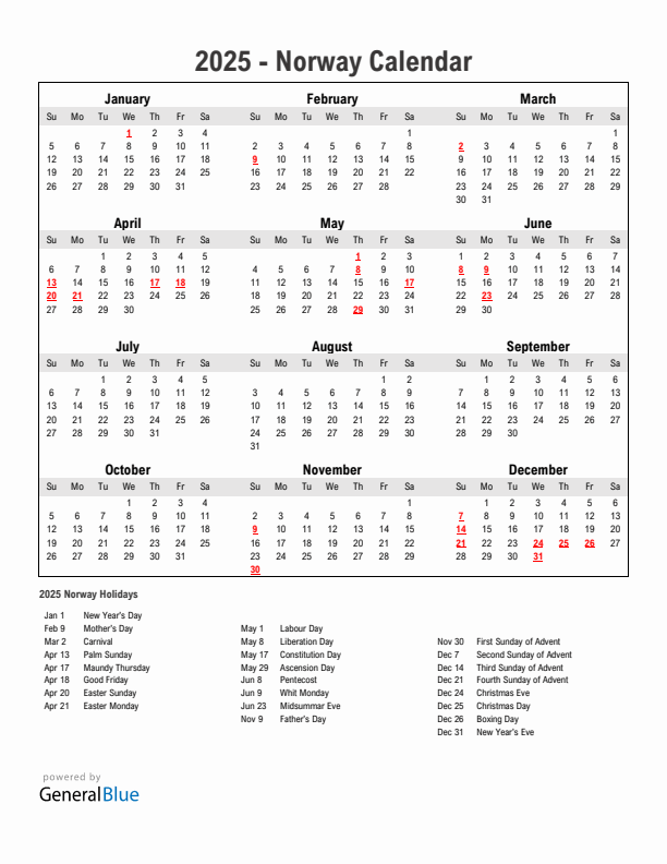 Year 2025 Simple Calendar With Holidays in Norway