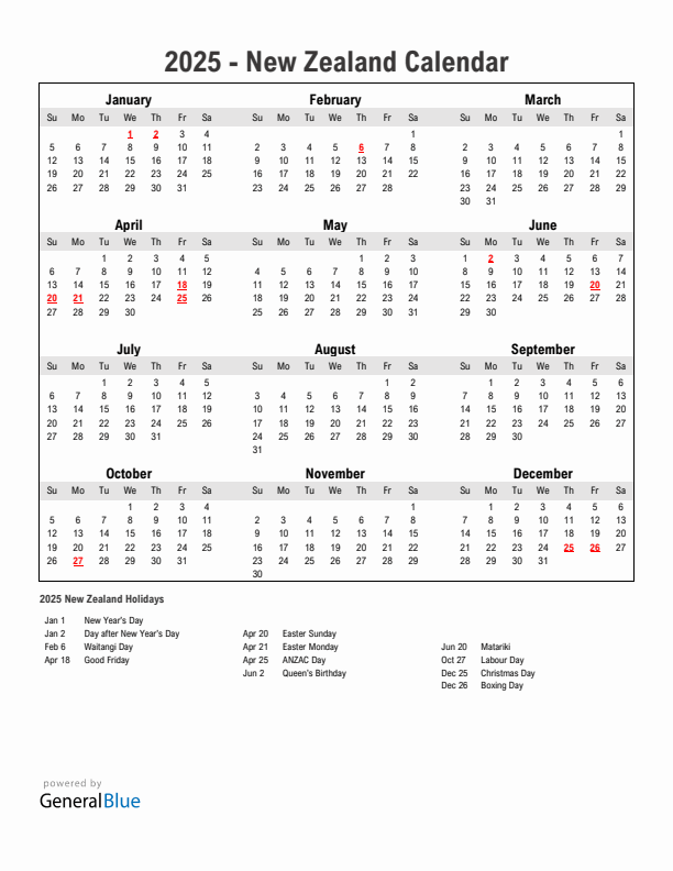 Year 2025 Simple Calendar With Holidays in New Zealand