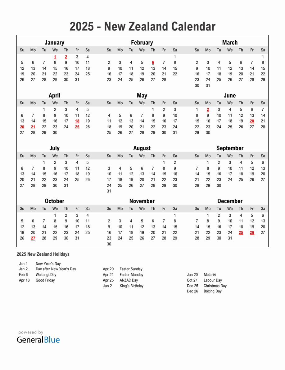 Year 2025 Simple Calendar With Holidays in New Zealand