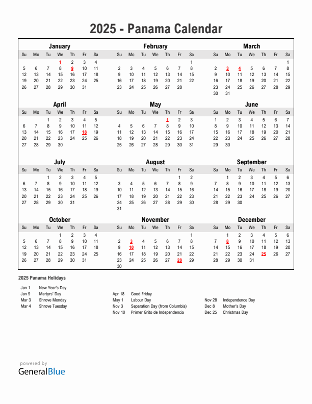 Year 2025 Simple Calendar With Holidays in Panama
