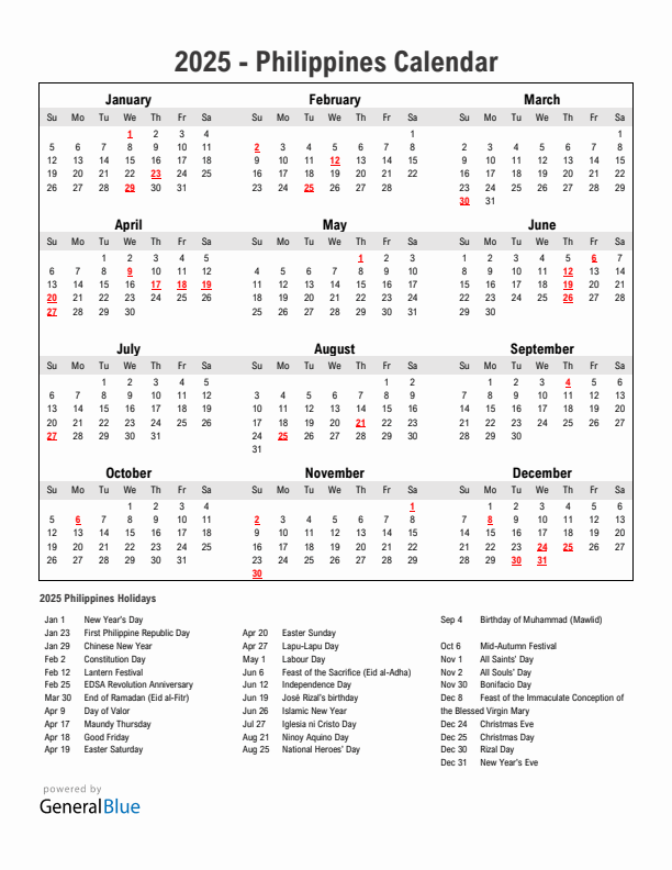 Year 2025 Simple Calendar With Holidays in Philippines