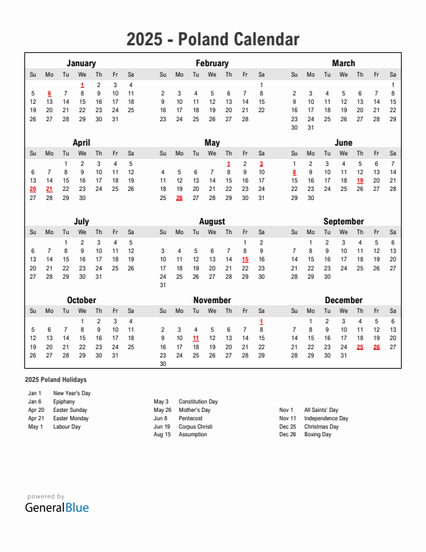 Year 2025 Simple Calendar With Holidays in Poland
