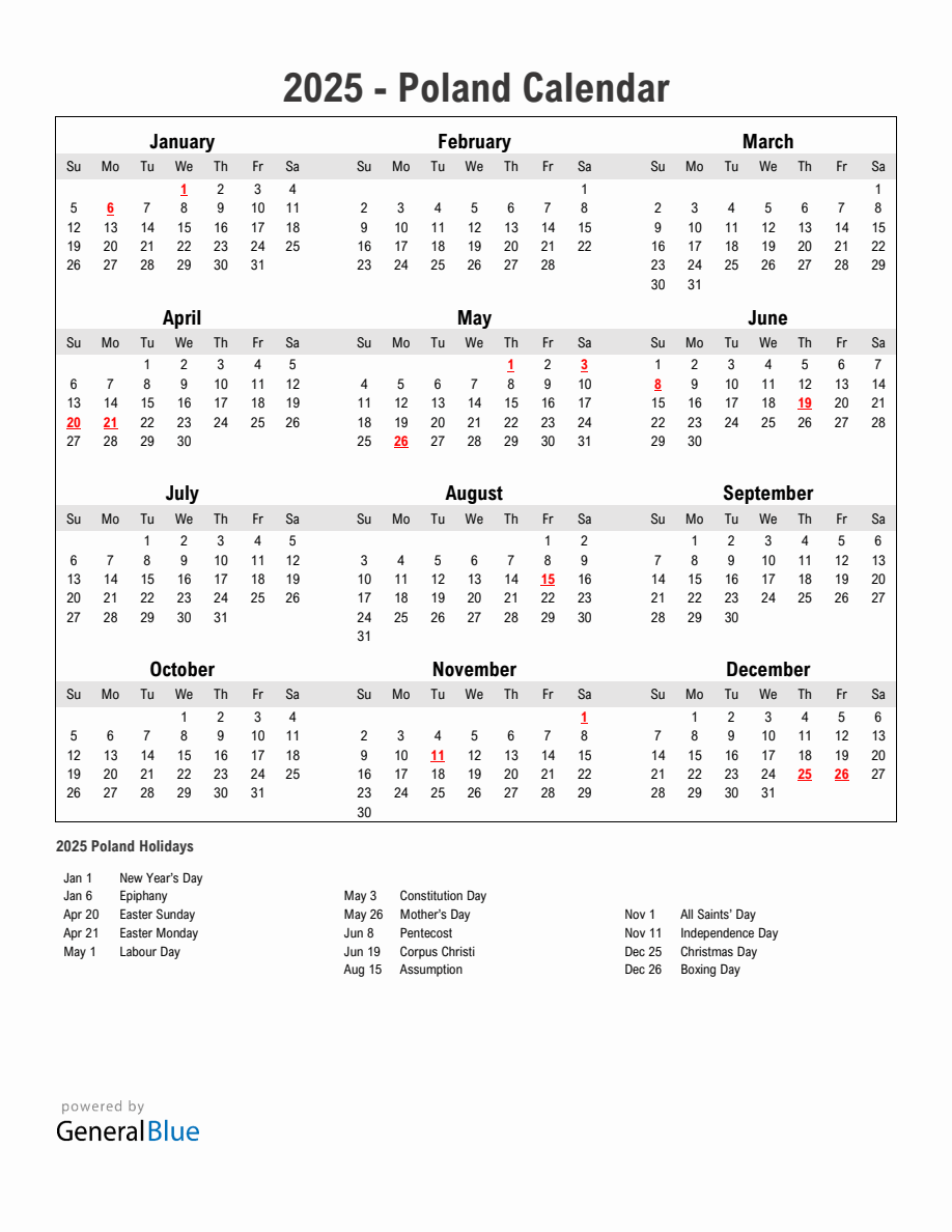 Year 2025 Simple Calendar With Holidays in Poland