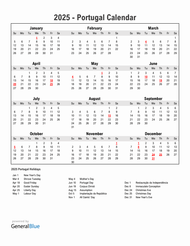 Year 2025 Simple Calendar With Holidays in Portugal