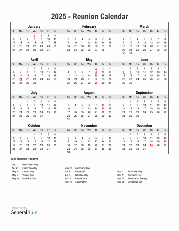 Year 2025 Simple Calendar With Holidays in Reunion
