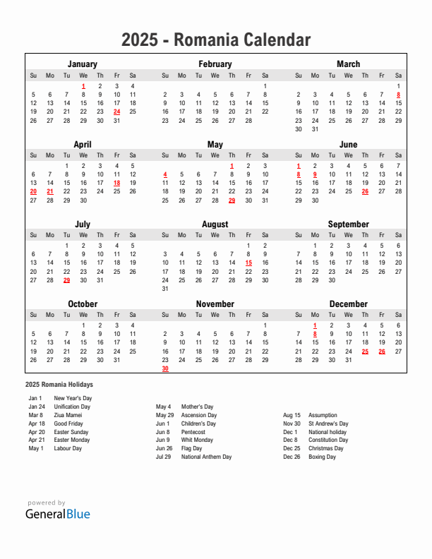 Year 2025 Simple Calendar With Holidays in Romania