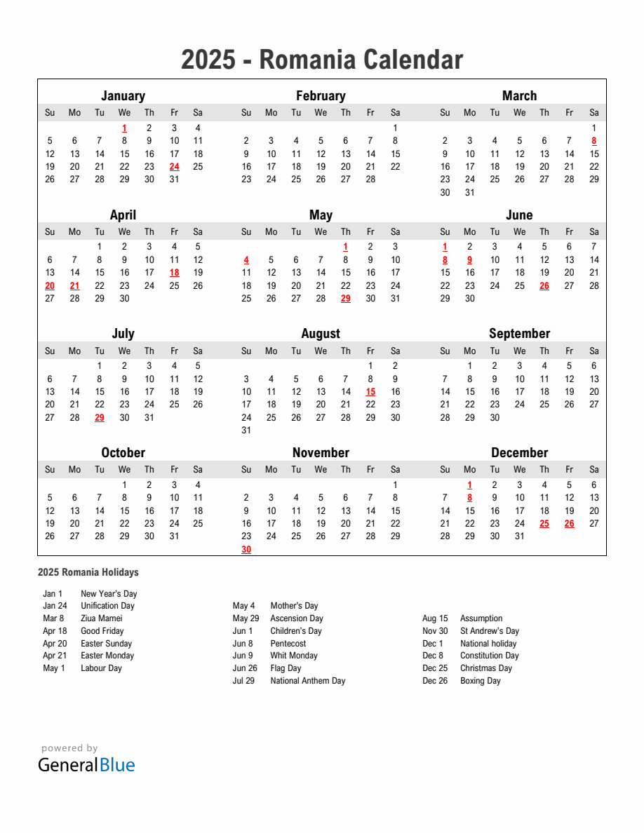 Year 2025 Simple Calendar With Holidays in Romania