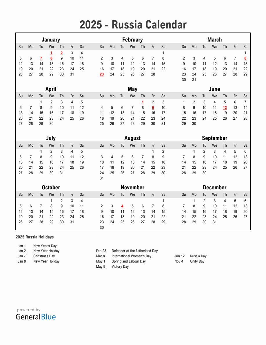 Year 2025 Simple Calendar With Holidays in Russia