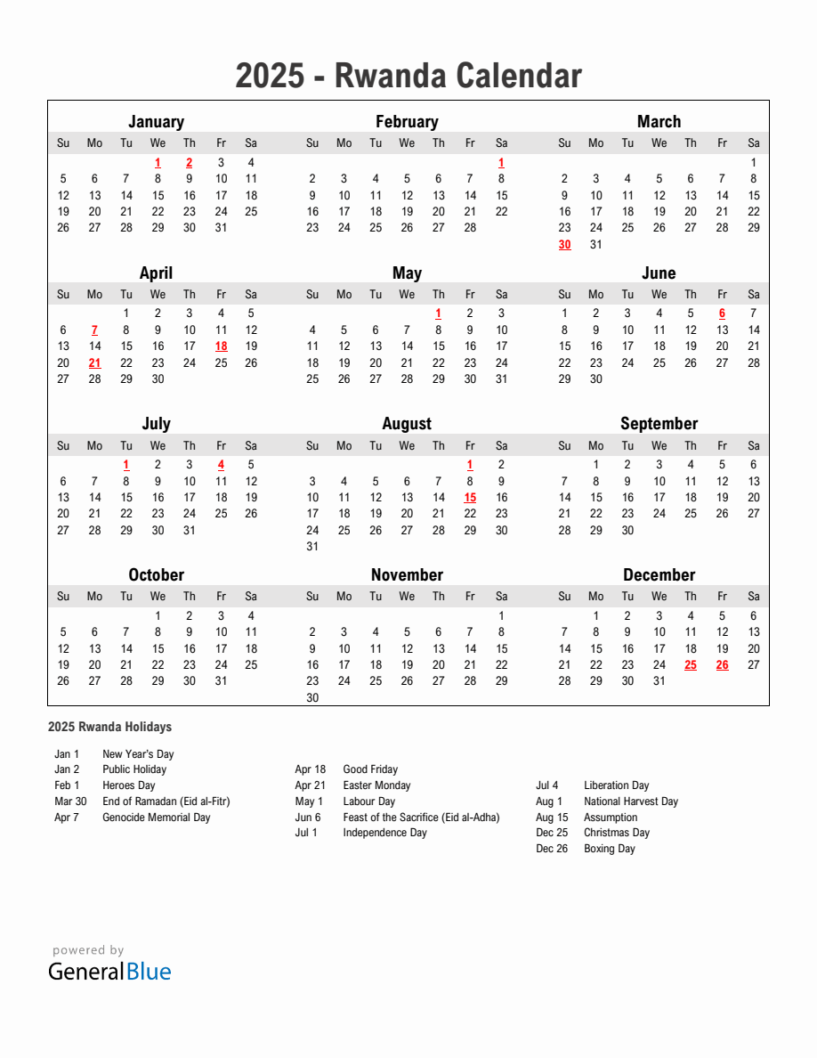 Year 2025 Simple Calendar With Holidays in Rwanda