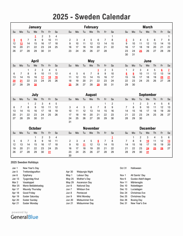 Year 2025 Simple Calendar With Holidays in Sweden