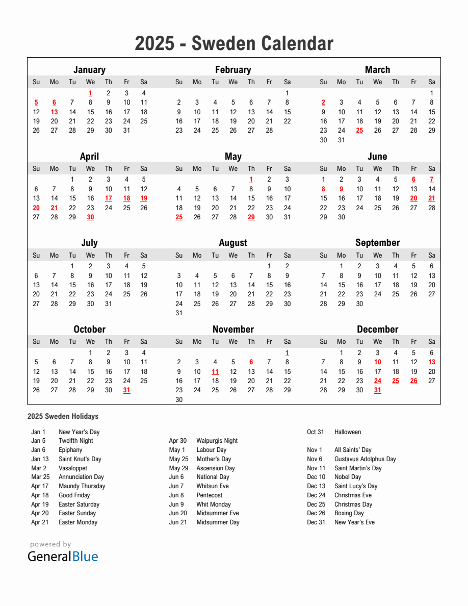 Year 2025 Simple Calendar With Holidays in Sweden