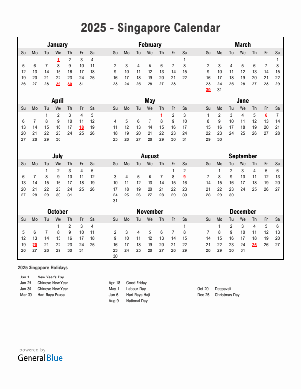 Year 2025 Simple Calendar With Holidays in Singapore