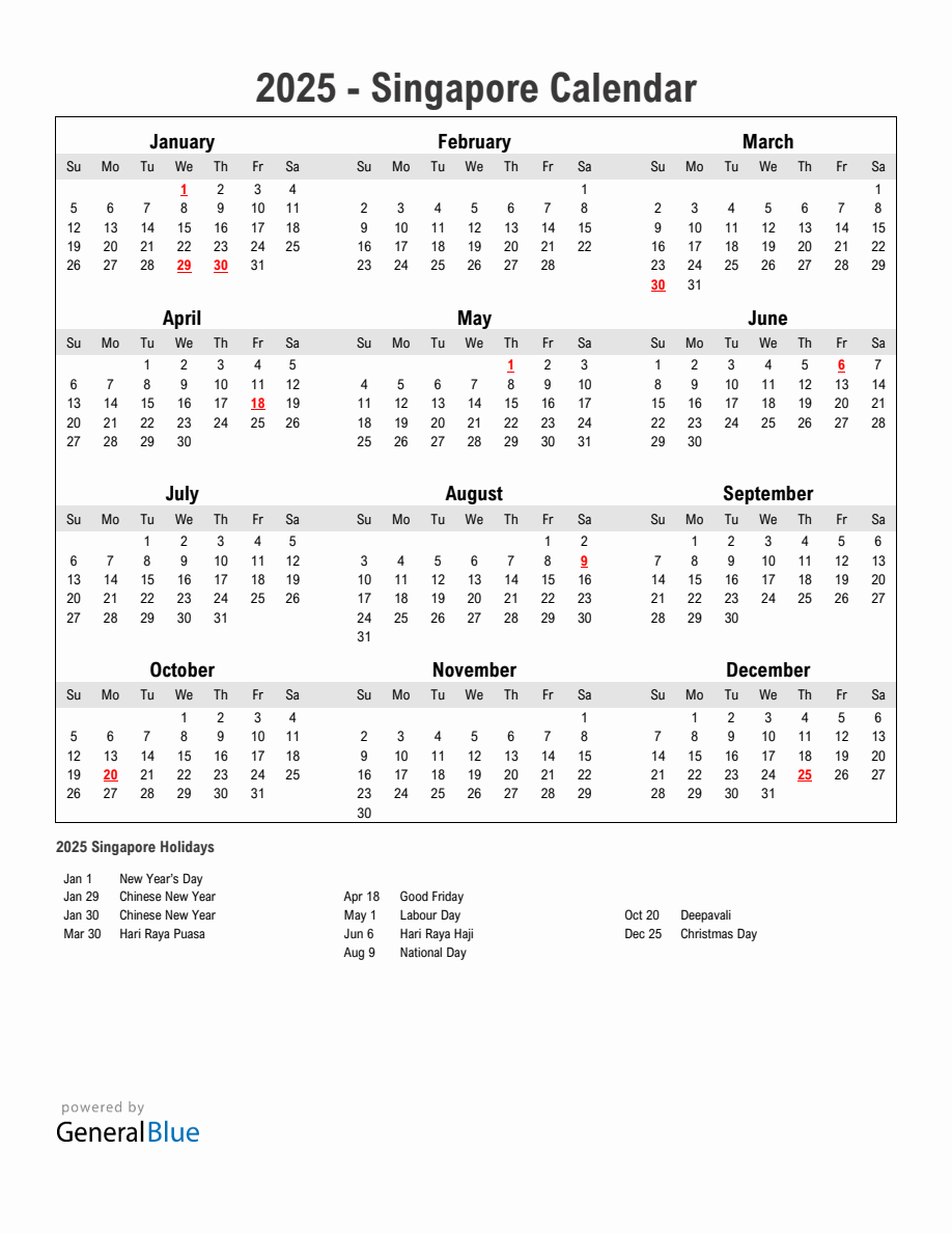 Year 2025 Simple Calendar With Holidays in Singapore