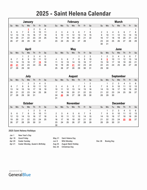 Year 2025 Simple Calendar With Holidays in Saint Helena