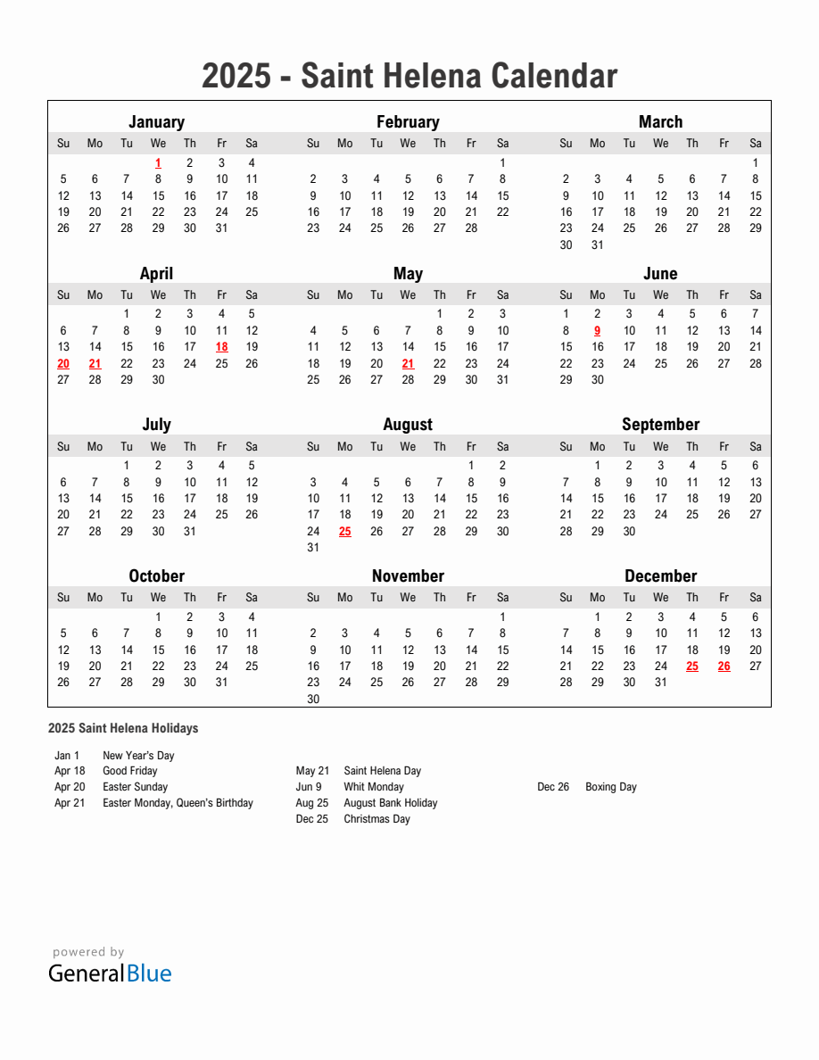 Year 2025 Simple Calendar With Holidays in Saint Helena