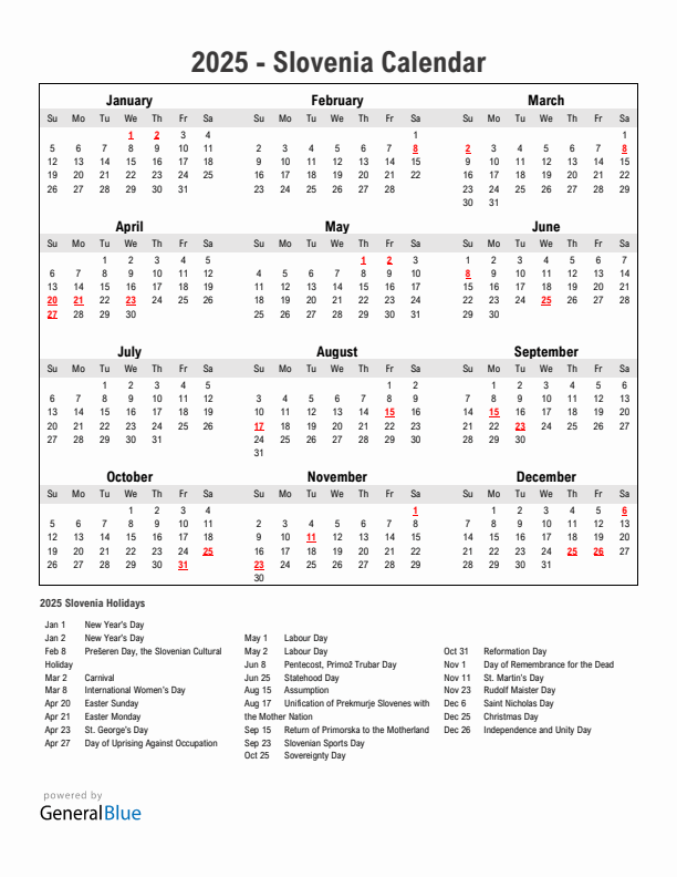 Year 2025 Simple Calendar With Holidays in Slovenia