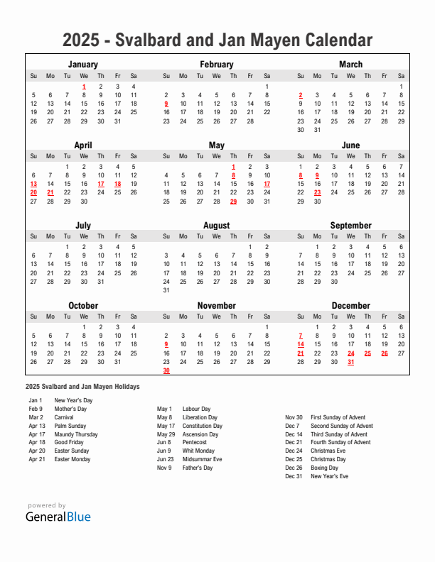 Year 2025 Simple Calendar With Holidays in Svalbard and Jan Mayen