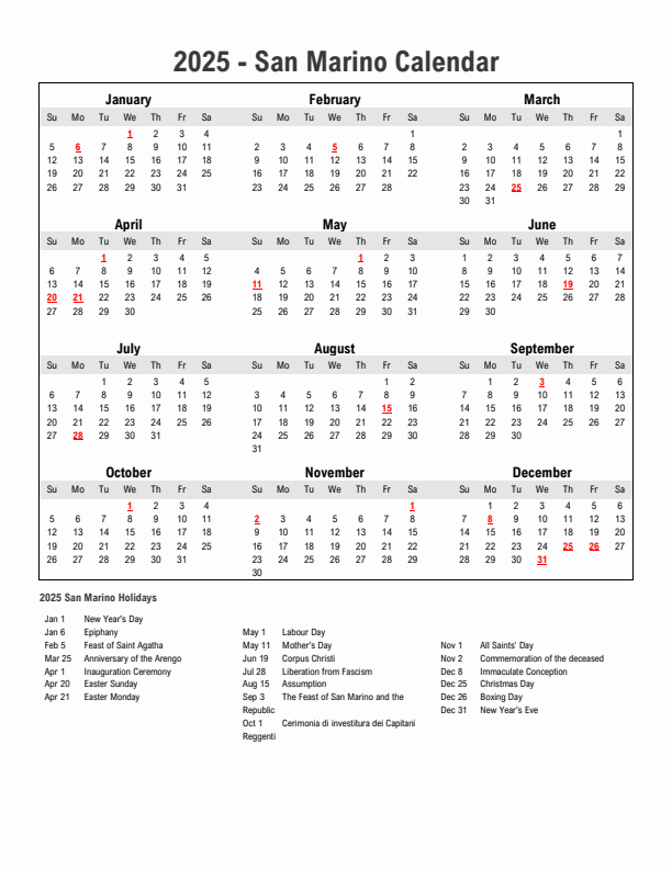 Year 2025 Simple Calendar With Holidays in San Marino