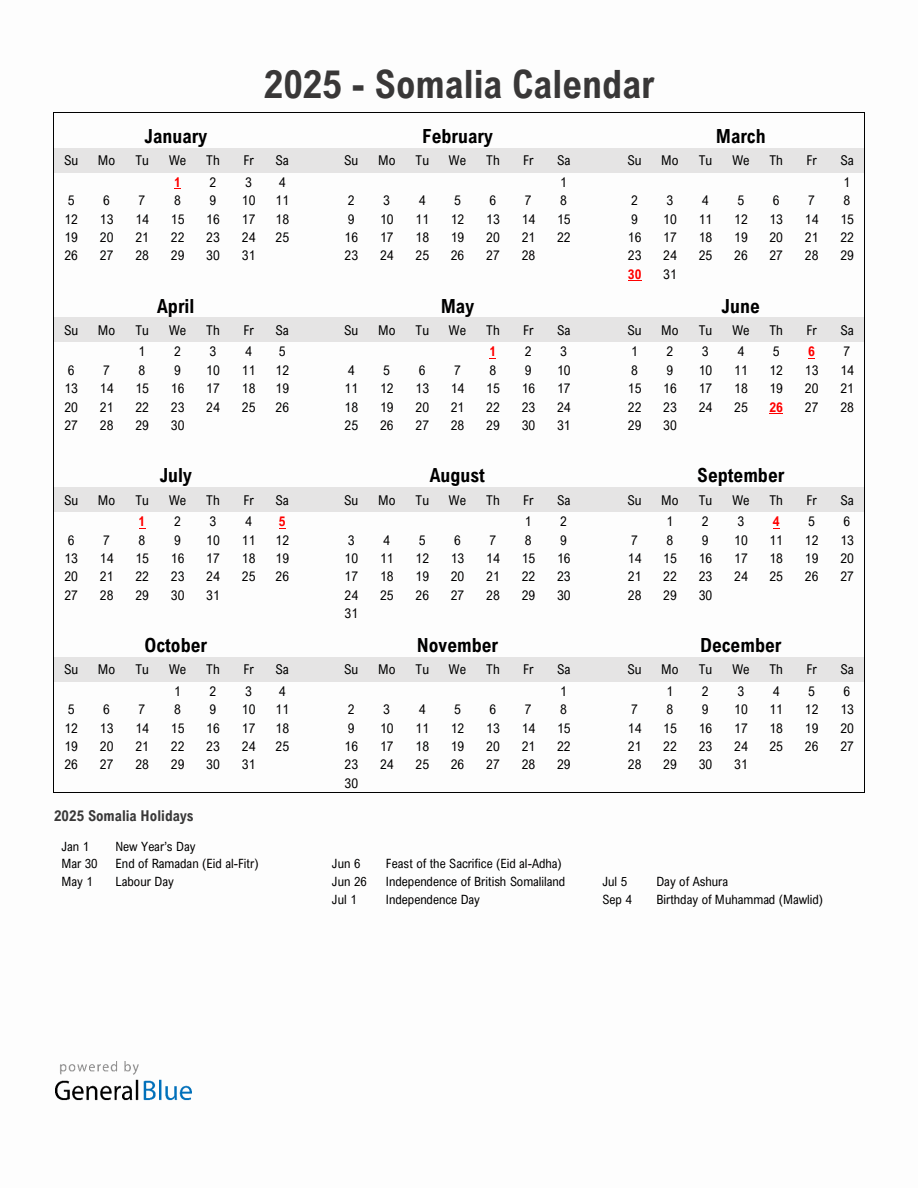 Year 2025 Simple Calendar With Holidays in Somalia