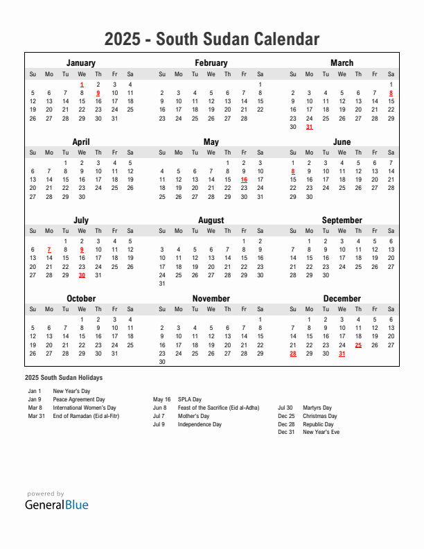 Year 2025 Simple Calendar With Holidays in South Sudan