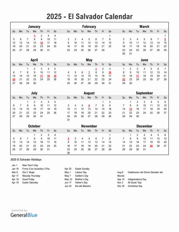 Year 2025 Simple Calendar With Holidays in El Salvador