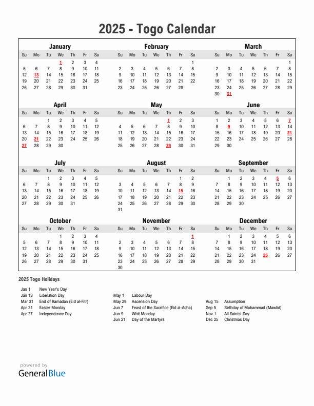 Year 2025 Simple Calendar With Holidays in Togo